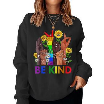 Be Kind Sign Language Hand Talking Lgbtq Flag Gay Pride  Women Crewneck Graphic Sweatshirt