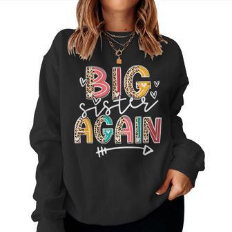 Big Sister Again Leopard Soon To Be Sis Announcement Girls Women Crewneck Graphic Sweatshirt - Seseable