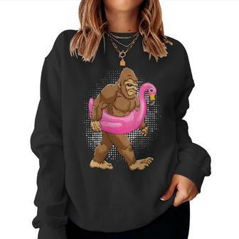 Bigfoot Sasquatch & Pink Flamingo Float Summer Vibes Women Sweatshirt | Mazezy