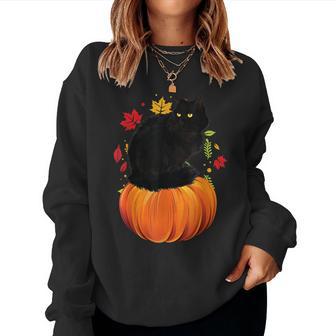 Black Cat Autumn Fall Season Pumpkin Thanksgiving Cat Women Sweatshirt - Thegiftio UK