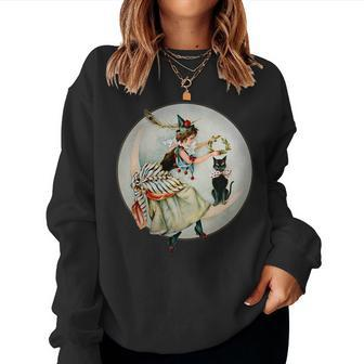 The Black Cat Magazine Vintage Halloween Woman And Cat Women Sweatshirt | Mazezy