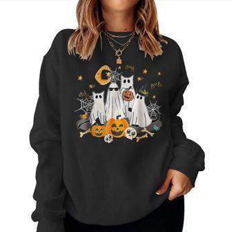Black Cats In Ghost Costume Cute And Halloween Women Sweatshirt - Monsterry CA