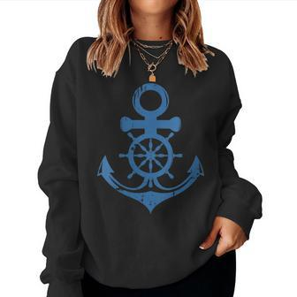 Blue Anchor And Ship Sring Wheel Maritime Sailor Nautical Women Sweatshirt | Mazezy