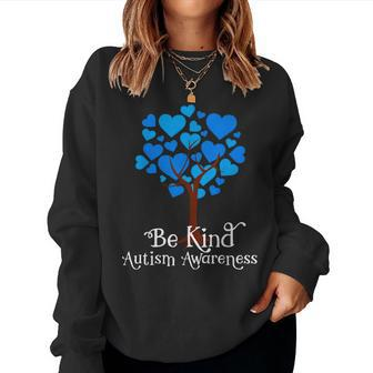 Blue Is For April Blue Hearts Tree Be Kind Autism Awareness Women Crewneck Graphic Sweatshirt - Seseable
