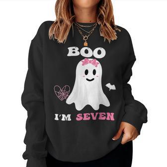 Boo I'm Seven Ghost Seventh Birthday Groovy Halloween Girl Women Sweatshirt - Thegiftio UK