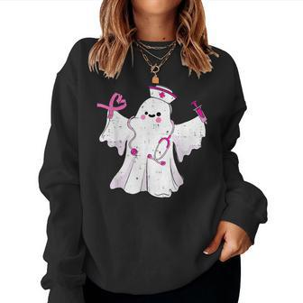 Boo Nurse Ghost Scrub Top Halloween Breast Cancer Awareness Women Sweatshirt - Seseable