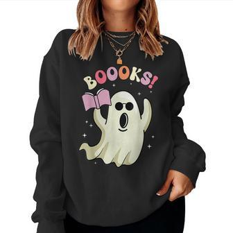 Boooks Ghost Groovy Book Reading Halloween Teacher Women Sweatshirt - Thegiftio UK