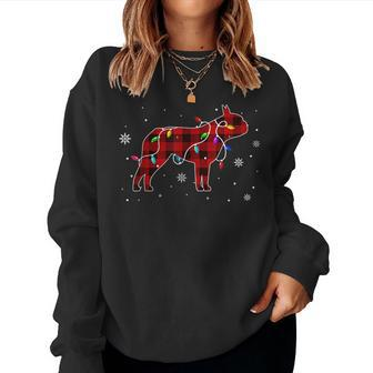 Boston Terrier Dog Christmas Lights Red Plaid Pajama Boston Women Sweatshirt | Mazezy