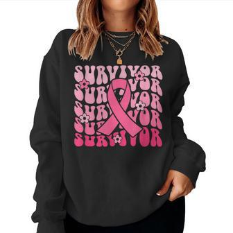 Breast Cancer Awareness Boho Groovy Pink Ribbon Survivor Women Sweatshirt - Seseable