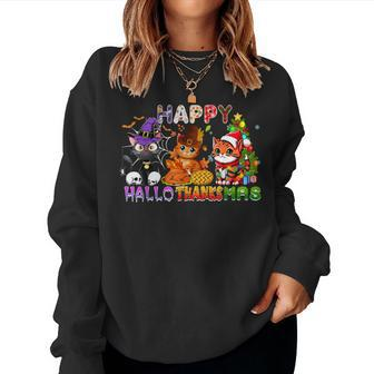 Cat Happy Hallothanksmas Halloween Thanksgiving Christmas Women Sweatshirt - Monsterry AU