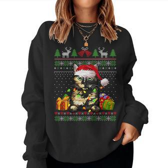 Cat Lover Tortoiseshell Cat Santa Hat Ugly Christmas Sweater Women Sweatshirt - Monsterry