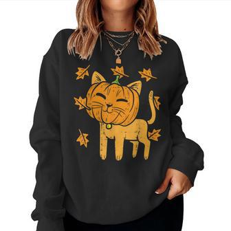 Cat Pumpkin Cute Halloween Fall Autumn Thanksgiving Animal Halloween Women Sweatshirt | Mazezy