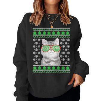 Cat With Sunglasses Meowy Ugly Christmas Sweater Women Sweatshirt - Seseable
