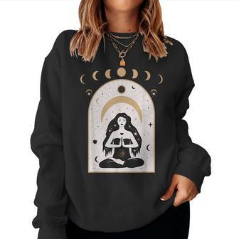 Celestial Moon Phases And Girl Meditation Boho Wicca Yoga Women Sweatshirt | Mazezy