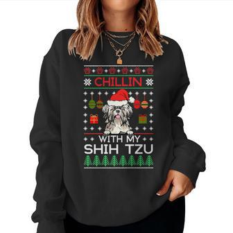 Chillin With My Shih Tzu Santa Ugly Christmas Sweater Women Sweatshirt - Seseable