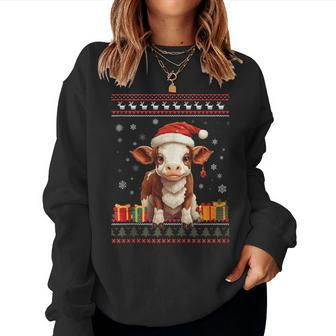 Christmas Cow Santa Hat Ugly Christmas Sweater Women Sweatshirt - Monsterry