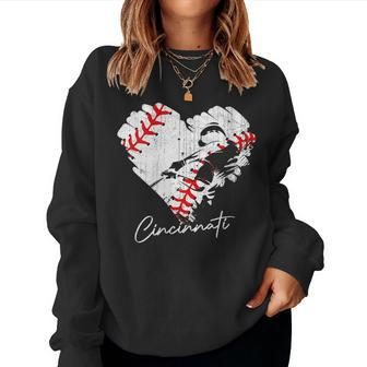 Cincinnati Baseball Heart Distressed Vintage Baseball Fans Women Crewneck Graphic Sweatshirt - Seseable