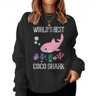 Coco Grandma Gift Worlds Best Coco Shark Women Crewneck Graphic Sweatshirt - Seseable