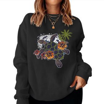 Colorful Cute Turtle Hawaiian Flowers Sea Turtle Floral Women Crewneck Graphic Sweatshirt - Seseable