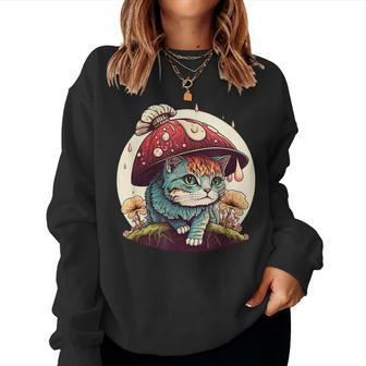 Cottagecore Aesthetic Cats | Cat With Mushroom Hat | Kawaii Women Crewneck Graphic Sweatshirt - Seseable
