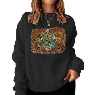 Cowhide Turquoise Jesus Cross Faith Christian Cowgirl Rodeo Faith Women Sweatshirt | Mazezy