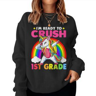 Crush 1St Grade Dabbing Unicorn Back To School Girls Gift Women Crewneck Graphic Sweatshirt - Seseable