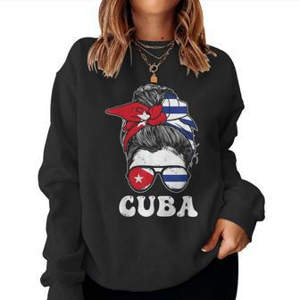 Cuban Girl Flag Messy Hair Bun Republic Of Cuba Heritage Women Sweatshirt - Seseable