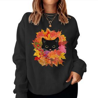 Cute Black Cat Pile Of Leaves Cute Cats And Fall Season Women Sweatshirt - Seseable