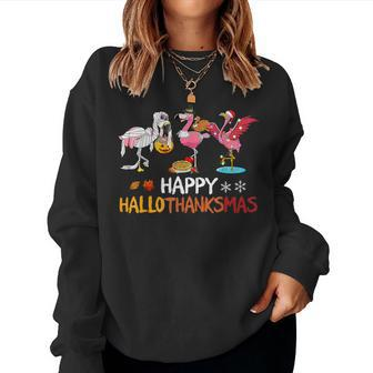 Cute Flamingo Hallothanksmas Happy Halloween Thanksgiving Women Sweatshirt - Seseable
