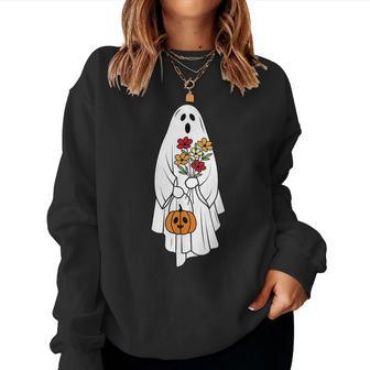 Cute Ghost Holding Pumpkin Flower Halloween Spooky Season Women Sweatshirt - Monsterry