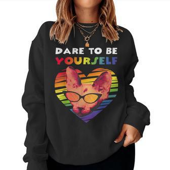 Dare To Be Yourself Gay Pride Rainbow Lgbt Vintage Cat Women Sweatshirt | Mazezy