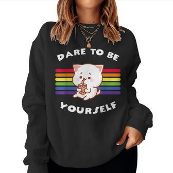 Dare To Be Yourself Gay Pride Vintage Rainbow Lgbt Cat Women Sweatshirt | Mazezy