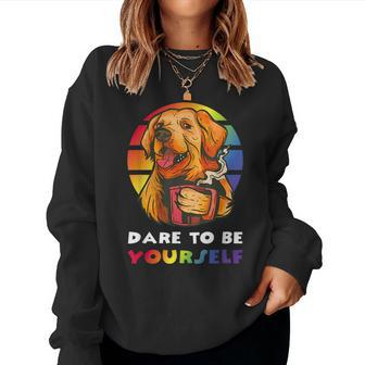 Dare To Be Yourself Gay Pride Vintage Rainbow Lgbt Dog Women Sweatshirt | Mazezy