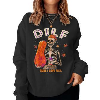 Dilf Dude I Love Fall Skeleton Pumpkin Halloween Customs Women Sweatshirt | Mazezy