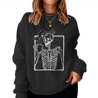 Distressed Skeleton Vintage Smiling Skull Drinking Coffee Drinking s Women Sweatshirt | Mazezy