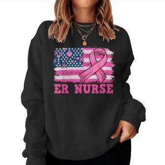 Er Nurse American Cancer Flag Cancer Warrior Pink Ribbon Women Sweatshirt - Seseable