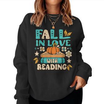 Fall In Love With Reading Book Autumn Pumpkins And Teachers Women Sweatshirt - Seseable