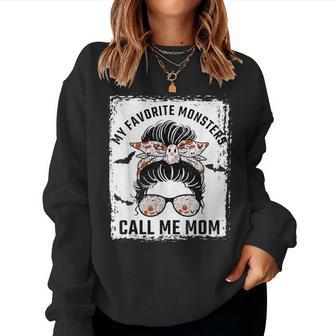My Favorite Monsters Call Me Mom Messy Bun Mom Halloween Women Sweatshirt - Seseable