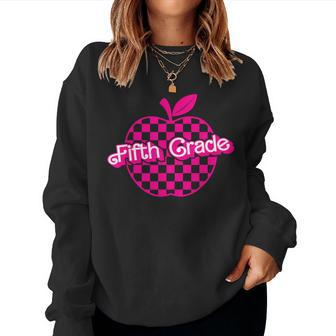 Fifth Grade Pink Checkered Apple Teacher 5Th Grade Women Sweatshirt - Seseable
