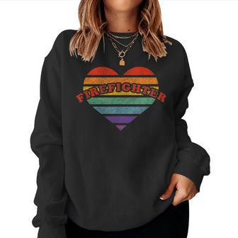Firefighter Retro Rainbow Heart 80S Whimsy Lgbtq Pride Women Sweatshirt | Mazezy