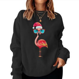 Flamingo Christmas Santa Hat Sunglasses Summer Beach Flamingo Women Sweatshirt | Mazezy