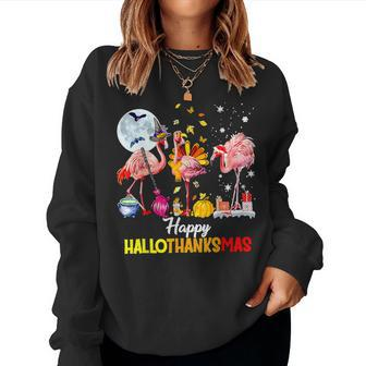 Flamingo Happy Hallothanksmas Halloween Thanksgiving Women Sweatshirt - Monsterry DE