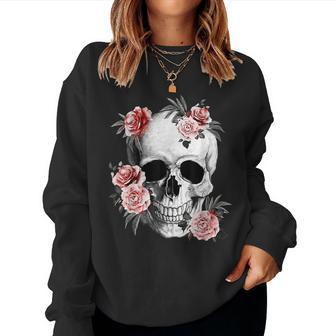 Floral Sugar Skull Rose Flowers Mycologist Gothic Goth Women Sweatshirt - Monsterry AU