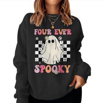 Four Ever Spooky Floral Ghost Halloween 4Th Birthday Party Women Sweatshirt - Seseable