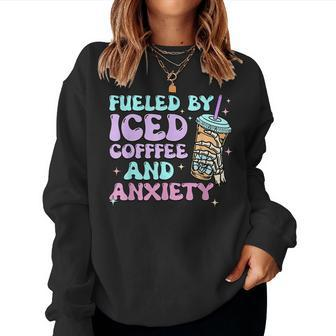 Fueled By Iced Coffee And Anxiety Retro Coffee Lover Women Sweatshirt - Seseable