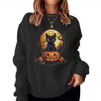 Full Moon Halloween Scary Black Cat Costume Pumpkins Women Sweatshirt - Seseable