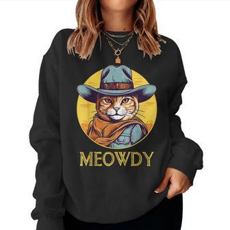 Funny Cat Cowboy Cowgirl Meow Howdy Meowdy Women Crewneck Graphic Sweatshirt - Seseable