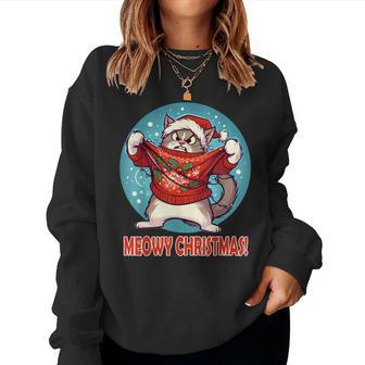 Cat In Ugly Sweater Meowy Christmas Pajama Women Sweatshirt - Seseable