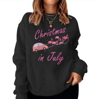 Funny Cute Flamingo Pink Camping Car Christmas In July Women Crewneck Graphic Sweatshirt - Seseable