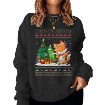 Dabbing Fox Lovers Santa Hat Ugly Christmas Sweater Women Sweatshirt - Seseable
